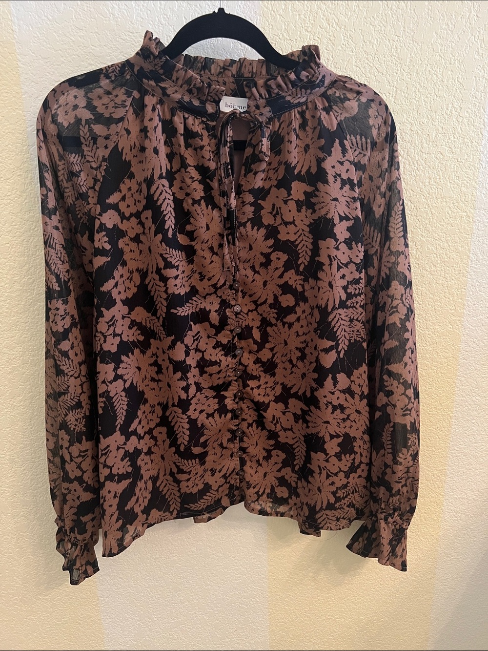 bohme Black and Brown Floral Ruffle Tie-Neck Blouse
